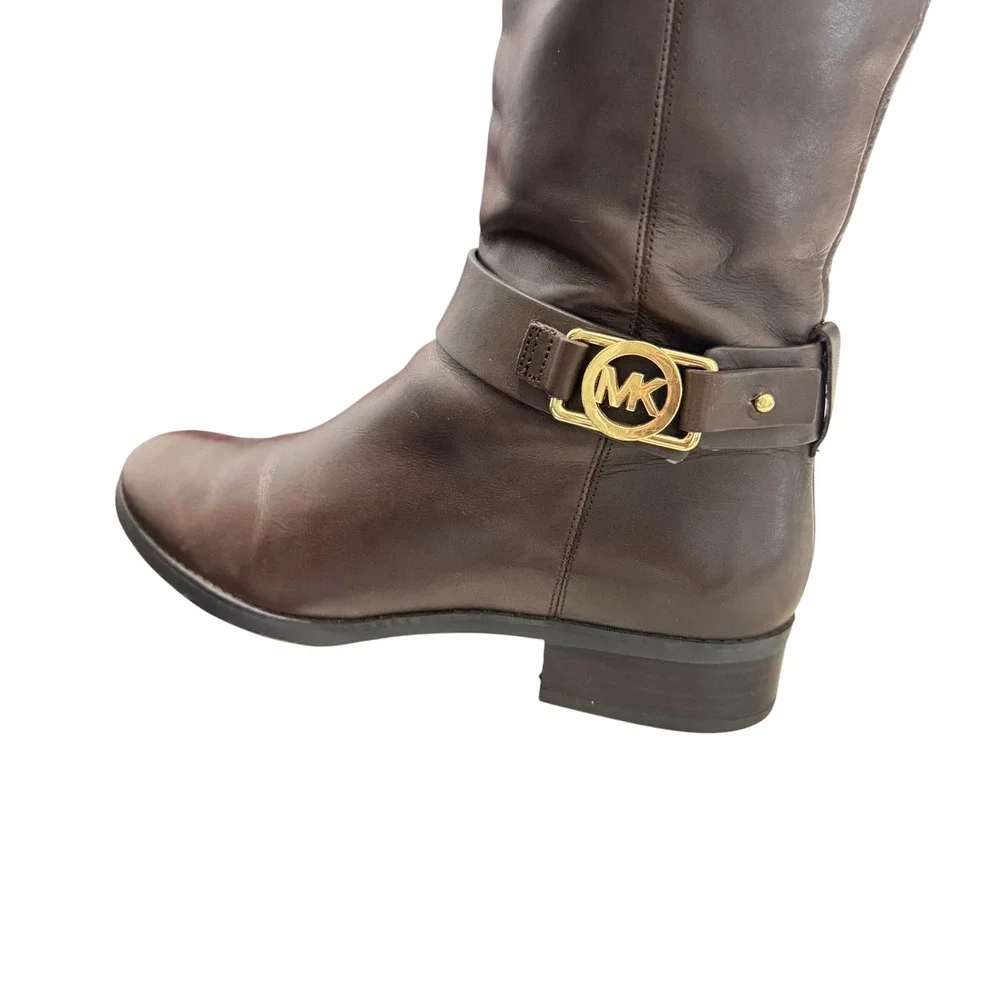 Michael Kors Brown Leather Riding Boots MK Logo Buckle Side‎ Zip Women Size 7.5M - Picture 8 of 10